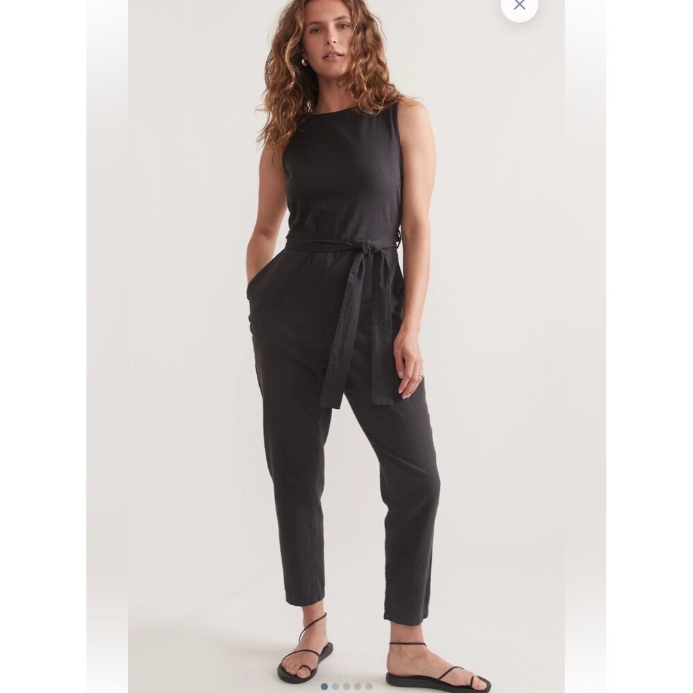 MARINE LAYER Eloise Jumpsuit Sleeveless Black Tie-Waist Tencel Stretch Sz Large